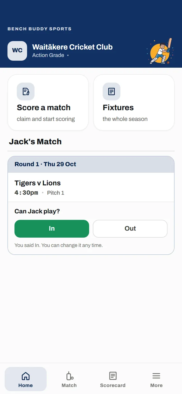 App screen: a parent's home with the next match and the In and Out buttons for availability