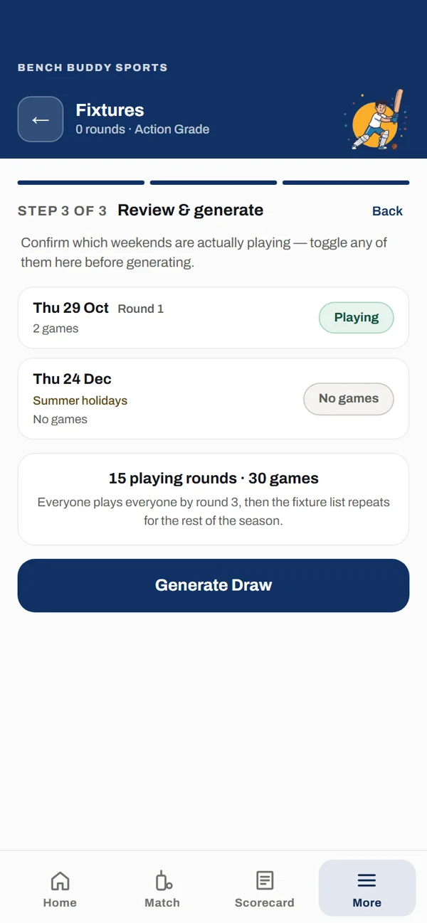 App screen: step 3 of the season draw, with the playing weeks, the summer holidays switched off and a Generate Draw button