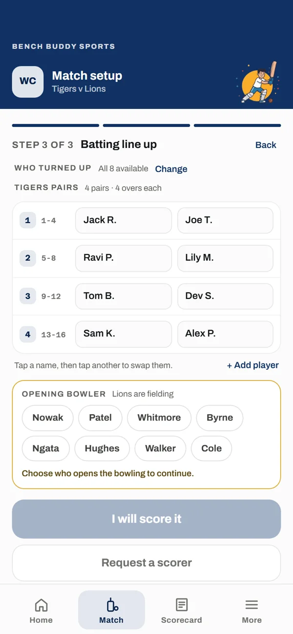 App screen: the batting line-up, with pairs, who turned up and the opening bowler to choose