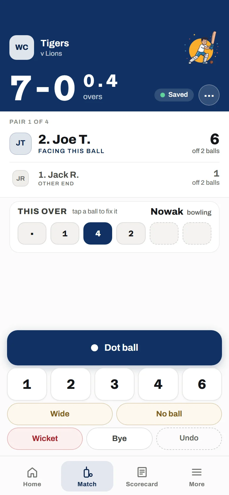 Live scoring in Bench Buddy Cricket: the score, the pair at the crease, this over, and one-tap run buttons