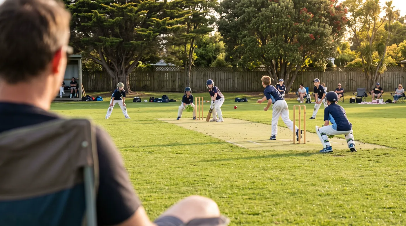 A parent in a folding chair watching a junior cricket match at a club ground, with other families on the sideline