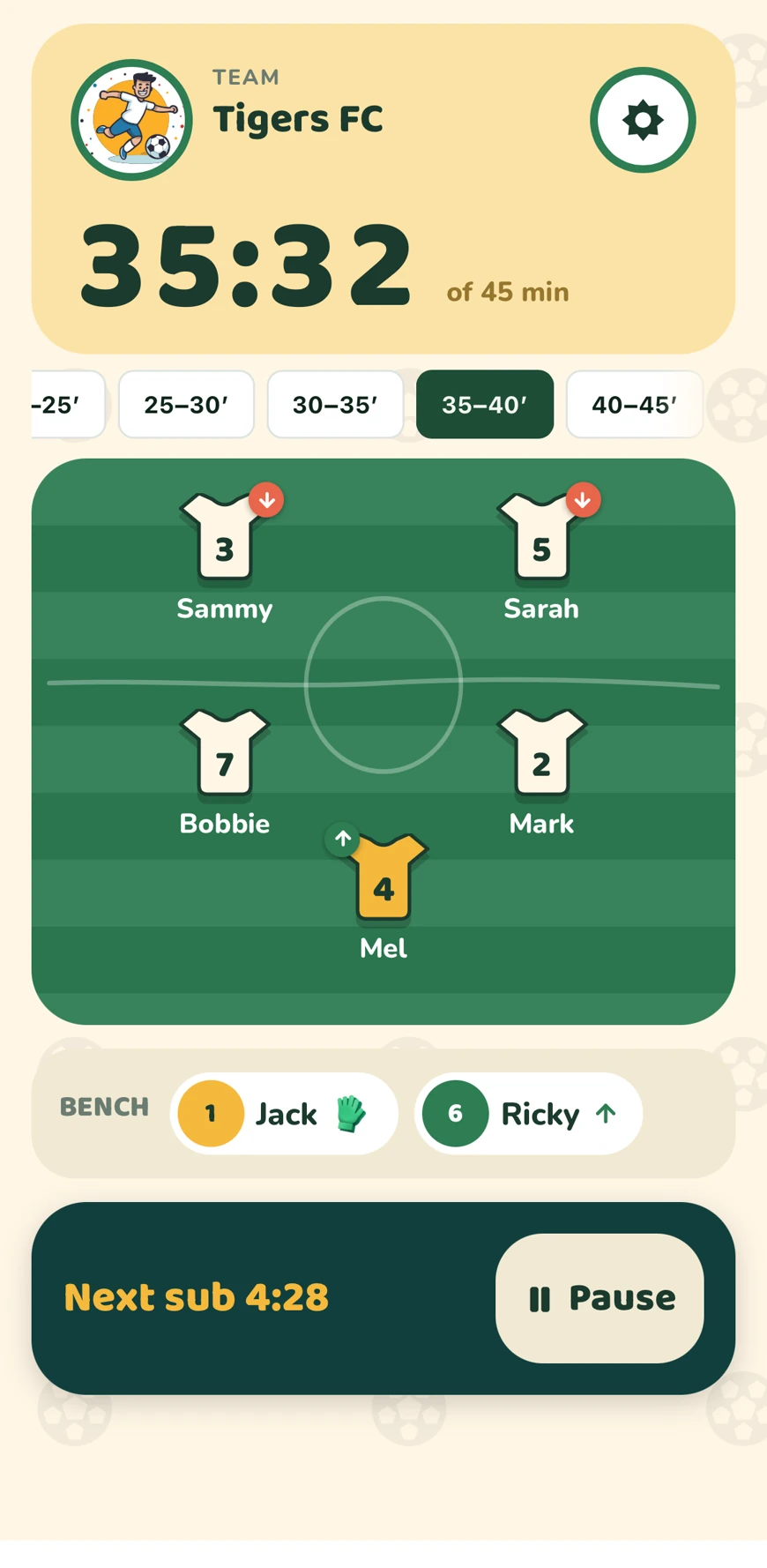 A match in progress: two players coming off, one coming on, and the countdown to the next sub